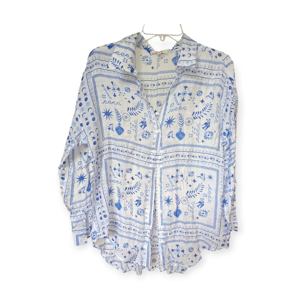 Sheer Button Up Greek White And Blue Evil Eye